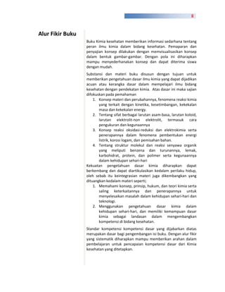 ii



Alur Fikir Buku
                  Buku Kimia kesehatan memberikan informasi sedarhana tentang
                  peran ilmu kimia dalam bidang kesehatan. Pemaparan dan
                  penyajian konsep dilakukan dengan memvisualisasikan konsep
                  dalam bentuk gambar-gambar. Dengan pola ini diharapkan
                  mampu menyederhanakan konsep dan dapat diterima siswa
                  dengan mudah.
                  Substansi dan materi buku disusun dengan tujuan untuk
                  memberikan pengetahuan dasar ilmu kimia yang dapat dijadikan
                  acuan atau kerangka dasar dalam mempelajari ilmu bidang
                  kesehatan dengan pendekatan kimia. Atas dasar ini maka sajian
                  difokuskan pada pemahaman
                      1. Konsep materi dan perubahannya, fenomena reaksi kimia
                         yang terkait dengan kinetika, kesetimbangan, kekekalan
                         masa dan kekekalan energy.
                      2. Tentang sifat berbagai larutan asam-basa, larutan koloid,
                         larutan elektrolit-non elektrolit, termasuk cara
                         pengukuran dan kegunaannya
                      3. Konsep reaksi oksidasi-reduksi dan elektrokimia serta
                         penerapannya dalam fenomena pembentukan energi
                         listrik, korosi logam, dan pemisahan bahan.
                      4. Tentang struktur molekul dan reaksi senyawa organik
                         yang meliputi benzena dan turunannya, lemak,
                         karbohidrat, protein, dan polimer serta kegunaannya
                         dalam kehidupan sehari-hari
                  Kekuatan pengetahuan dasar kimia diharapkan dapat
                  berkembang dan dapat diartikulasikan kedalam perilaku hidup,
                  oleh sebab itu keintegrasian materi juga dikembangkan yang
                  dituangkan kedalam materi seperti;
                      1. Memahami konsep, prinsip, hukum, dan teori kimia serta
                         saling keterkaitannya dan penerapannya untuk
                         menyelesaikan masalah dalam kehidupan sehari-hari dan
                         teknologi.
                      2. Menggunakan pengetahuan dasar kimia dalam
                         kehidupan sehari-hari, dan memiliki kemampuan dasar
                         kimia sebagai landasan dalam mengembangkan
                         kompetensi di bidang kesehatan.
                  Standar kompetensi kompetensi dasar yang dijabarkan diatas
                  merupakan dasar bagi pengembangan isi buku. Dengan alur fikir
                  yang sistematik diharapkan mampu memberikan arahan dalam
                  pembelajaran untuk pencapaian kompetensi dasar dari Kimia
                  kesehatan yang ditetapkan.
 