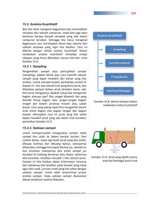 324


15.2. Analisis Kuantitatif
Bila kita telah mengenal bagaimana kita memisahkan
senyawa dari sebuah campuran, maka kita juga akan
bertanya berapa banyak senyawa yang ada dalam
campuran tersebut. Sehingga kita harus mengenal
bagaimana cara menetapkan berat atau volume dari
sebuah senyawa yang ingin kita ketahui. Cara ini
dikenal dengan istiliah analisis kuantitatif. Dalam
melakukan analisis kuantitatif terhadap empat
tahapan yang harus dikerjakan secara hati hati. Lihat
Gambar 15.8.
15.2.1. Sampling
Pengambilan sampel atau pencuplikan sampel
(sampling), adalah teknik atau cara memilih sebuah
sampel yang dapat mewakili dari bahan yang kita
analisis. Untuk mempermudah, perhatikan contoh di
bawah ini. Jika ada sebuah truk yang berisi jeruk, dan
dikatakan penjual bahwa jeruk tersebut manis, dan
kita harus mengujinya. Apakah cukup kita mengambil
bagian atasnya saja? Kita sangat khawatir jika yang
diambil hanya bagian atas, jangan jangan bagian
                                                                          Gambar 15.8. Skema tahapan dalam
tengah dan bawah jeruknya masam atau sudah
                                                                                melakukan anlisis kuantitatif
busuk. Cara yang paling tepat kita mengambil secara
acak untuk bagian atas bagian tengah dan bagian
bawah, diharapkan cara ini jeruk yang kita ambil
dapat mewakili jeruk yang ada dalam truk tersebut,
perhatikan Gambar 15.9.

15.2.2. Sediaan sampel
Untuk mempermudah menganalisa sampel maka
sampel kita ubah ke dalam bentuk larutan. Dari
contoh diatas, maka tiga buah jeruk yang kita ambil,
dikupas kulitnya dan dibuang bijinya, selanjutnya
dihaluskan sehingga kita dapat bentuk jus, setelah itu
kita encerkan selanjutnya kita ambil sampel jus
tersebut di timbang beratnya atau diukur volemnya
kita encerkan, misalkan menjadi 1 liter latutan jeruk.                  Gambar 15.9. Jeruk yang dipilih secara
Sampel ini kita letakan dalam Erlenmeyer tertutup                               acak dari berbagai posisi truk
dan sebaiknya kita letakkan pada tempat yang sejuk
agar tida rusak. Larutan inilah yang kita sebut dengan
sediaan sampel. Untuk lebih terjaminnya proses
analisis sampel, maka sediaan sampel disarankan
dibuat senbelum analisis dilakukan.



Kimia Kesehatan, Direktoran Pembinaan Sekolah Menengah Kejuruan, 2007
 