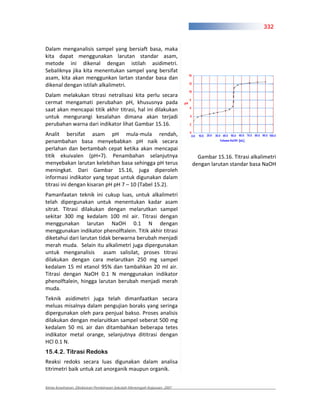 332


Dalam menganalisis sampel yang bersiaft basa, maka
kita dapat menggunakan larutan standar asam,
metode ini dikenal dengan istilah asidimetri.
Sebaliknya jika kita menentukan sampel yang bersifat
asam, kita akan menggunkan lartan standar basa dan
dikenal dengan istilah alkalimetri.
Dalam melakukan titrasi netralisasi kita perlu secara
cermat mengamati perubahan pH, khususnya pada
saat akan mencapai titik akhir titrasi, hal ini dilakukan
untuk mengurangi kesalahan dimana akan terjadi
perubahan warna dari indikator lihat Gambar 15.16.
Analit bersifat asam pH mula mula rendah,
penambahan basa menyebabkan pH naik secara
perlahan dan bertambah cepat ketika akan mencapai
titik ekuivalen (pH=7). Penambahan selanjutnya                            Gambar 15.16. Titrasi alkalimetri
menyebakan larutan kelebihan basa sehingga pH terus                     dengan larutan standar basa NaOH
meningkat. Dari Gambar 15.16, juga diperoleh
informasi indikator yang tepat untuk digunakan dalam
titrasi ini dengan kisaran pH pH 7 – 10 (Tabel 15.2).
Pamanfaatan teknik ini cukup luas, untuk alkalimetri
telah dipergunakan untuk menentukan kadar asam
sitrat. Titrasi dilakukan dengan melarutkan sampel
sekitar 300 mg kedalam 100 ml air. Titrasi dengan
menggunakan larutan NaOH 0.1 N dengan
menggunakan indikator phenolftalein. Titik akhir titrasi
diketahui dari larutan tidak berwarna berubah menjadi
merah muda. Selain itu alkalimetri juga dipergunakan
untuk menganalisis asam salisilat, proses titrasi
dilakukan dengan cara melarutkan 250 mg sampel
kedalam 15 ml etanol 95% dan tambahkan 20 ml air.
Titrasi dengan NaOH 0.1 N menggunakan indikator
phenolftalein, hingga larutan berubah menjadi merah
muda.
Teknik asidimetri juga telah dimanfaatkan secara
meluas misalnya dalam pengujian boraks yang seringa
dipergunakan oleh para penjual bakso. Proses analisis
dilakukan dengan melaruitkan sampel seberat 500 mg
kedalam 50 mL air dan ditambahkan beberapa tetes
indikator metal orange, selanjutnya dititrasi dengan
HCl 0.1 N.
15.4.2. Titrasi Redoks
Reaksi redoks secara luas digunakan dalam analisa
titrimetri baik untuk zat anorganik maupun organik.


Kimia Kesehatan, Direktoran Pembinaan Sekolah Menengah Kejuruan, 2007
 