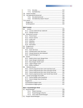 v

         7.7.1. Sel volta ...................................................................... 114
         7.7.2. Sel Elektrolisa ............................................................. 115
7.8. Hukum Faraday ........................................................................... 117
7.9. Sel elektrokimia komersial .......................................................... 118
         7.9.1. Sel volta komersial...................................................... 118
         7.9.2. Sel elektrolisa dalam industri ..................................... 119
7.10. Korosi .......................................................................................... 120
     Rangkuman ................................................................................... 122
     Uji Kompetensi ............................................................................ 124

Bab 8 Larutan .......................................................................................
8.1. Larutan ...................................................................................... 128
    8.1.1. Larutan elektrolit dan elektrolit .......................................... 129
    8.1.2. Derajat ionisasi.................................................................... 129
8.2. Konsentrasi Larutan ..................................................................... 131
    8.2.1. Persen berat........................................................................ 131
    8.2.2. Persen volume .................................................................... 132
    8.2.3. Fraksi mol ............................................................................ 132
    8.2.4. Molalitas ............................................................................. 133
    8.2.5. Molaritas ............................................................................. 133
    8.2.6. Normalitas........................................................................... 133
8.3. Pengenceran ................................................................................ 134
8.4. Sifat Larutan ................................................................................. 135
    8.4.1. Asam dan basa .................................................................... 135
    8.4.2. Pembentukan asam dan basa ............................................. 137
    8.4.3. Derajat keasaman dan kebasaan ........................................ 139
    8.4.4. Kesetimbangan air .............................................................. 141
8.5. Garam .......................................................................................... 142
    8.5.1. Reaksi antara asam dengan basa ........................................ 143
    8.5.2. Asam dengan oksida basa ................................................... 143
    8.5.3. Basa dengan oksida asam ................................................... 143
    8.5.4. Logam dengan asam ........................................................... 144
    8.5.5. Reaksi metatesis ................................................................. 144
8.6. Hidrolisis Garam .......................................................................... 145
    8.6.1. Garam yang berasal dari asam kuat basa kuat ................... 145
    8.6.2. Garam yang berasal dari asam kuat basa lemah ................ 146
    8.6.3. Garam yang berasal dari asam lemah basa kuat ................ 146
    8.6.4. Garam yang berasal dari asam lemah basa lemah ............ 147
8.7. Larutan penyangga atau buffer .................................................. 147
    8.7.1. Garam dengan asam lemahnya .......................................... 148
    8.7.2. Garam dengan basa lemahnya ........................................... 148
    Rangkuman..................................................................................... 151
    Uji kompetensi bagian asam .......................................................... 155
    Uji kompetensi bagian garam ........................................................ 157

Bab 9 Kesetimbangan Kimia ................................................................
9.1. Kesetimbangan ............................................................................. 159
        9.1.1. Sistem tertutup........................................................... 160
        9.1.2. Kesetimbangan dinamis ............................................. 160
        9.1.3. Jenis reaksi kesetimbangan ........................................ 161
9.2. Tetapan Kesetimbangan ............................................................... 162
 