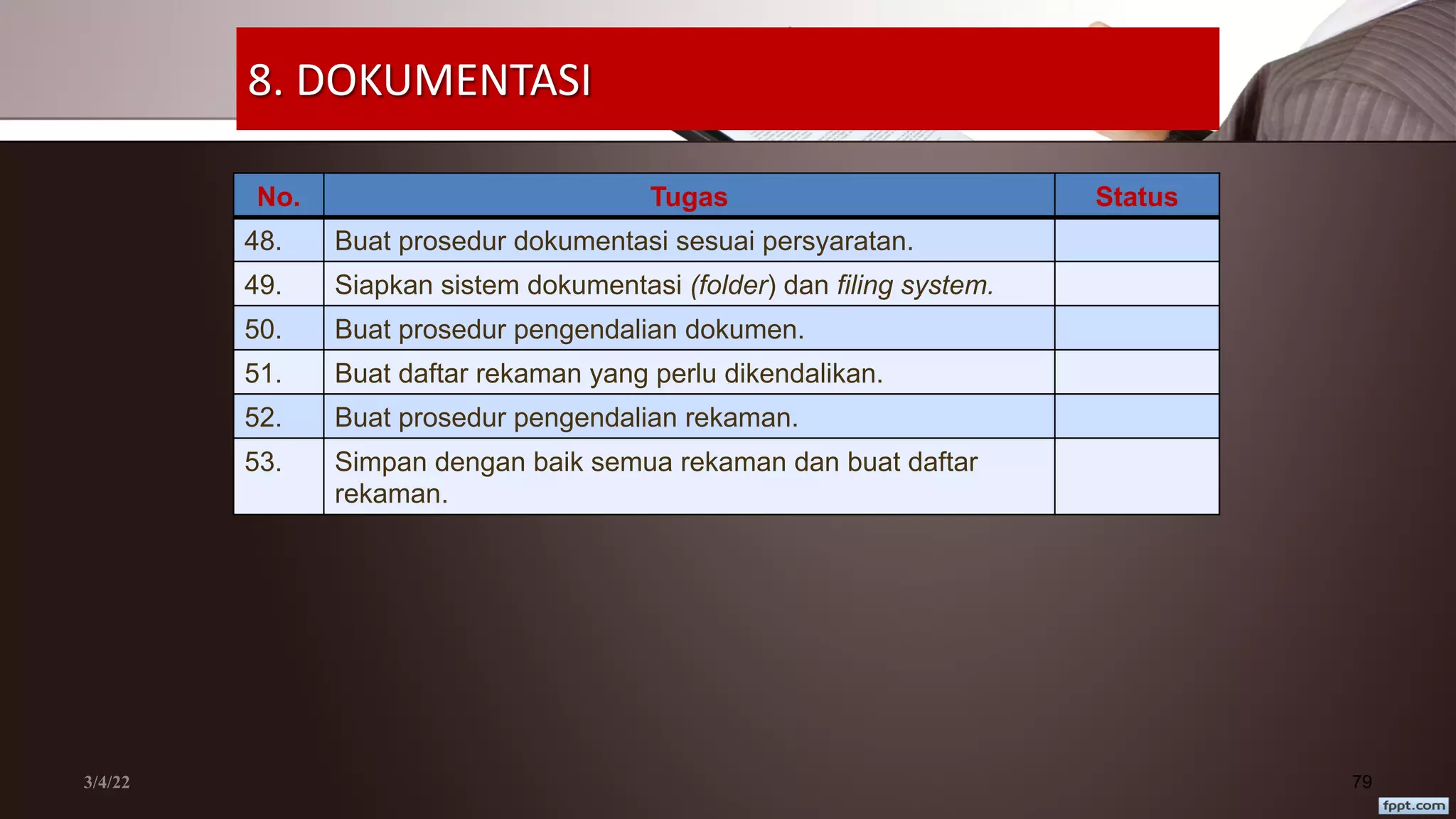 8. DOKUMENTASI
No. Tugas Status
48. Buat prosedur dokumentasi sesuai persyaratan.
49. Siapkan sistem dokumentasi (folder) dan filing system.
50. Buat prosedur pengendalian dokumen.
51. Buat daftar rekaman yang perlu dikendalikan.
52. Buat prosedur pengendalian rekaman.
53. Simpan dengan baik semua rekaman dan buat daftar
rekaman.
3/4/22 79
 