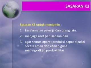 3
Sasaran K3 untuk menjamin :
1. keselamatan pekerja dan orang lain,
2. menjaga aset perusahaan dan
3. agar semua aparat produksi dapat dipakai
secara aman dan efisien guna
meningkatkan produktifitas.
SASARAN K3
 