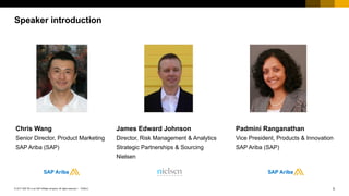 3PUBLIC© 2017 SAP SE or an SAP affiliate company. All rights reserved. ǀ
Public
Speaker introduction
Chris Wang
Senior Director, Product Marketing
SAP Ariba (SAP)
Padmini Ranganathan
Vice President, Products & Innovation
SAP Ariba (SAP)
James Edward Johnson
Director, Risk Management & Analytics
Strategic Partnerships & Sourcing
Nielsen
 