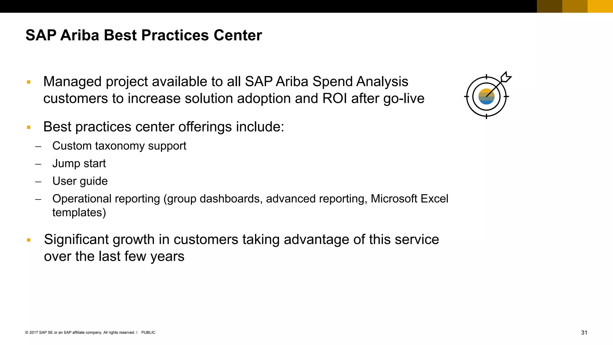 31PUBLIC© 2017 SAP SE or an SAP affiliate company. All rights reserved. ǀ
Public
SAP Ariba Best Practices Center
 Managed project available to all SAP Ariba Spend Analysis
customers to increase solution adoption and ROI after go-live
 Best practices center offerings include:
 Custom taxonomy support
 Jump start
 User guide
 Operational reporting (group dashboards, advanced reporting, Microsoft Excel
templates)
 Significant growth in customers taking advantage of this service
over the last few years
 