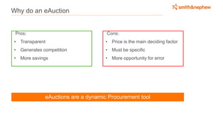 Why do an eAuction
Pros:
• Transparent
• Generates competition
• More savings
Cons:
• Price is the main deciding factor
• Must be specific
• More opportunity for error
eAuctions are a dynamic Procurement tool
 
