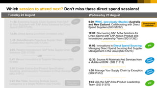 14PUBLIC© 2017 SAP SE or an SAP affiliate company. All rights reserved. ǀ
Public
Which session to attend next? Don’t miss these direct spend sessions!
Wednesday 23 AugustTuesday 22 August
11:30: Extending Supply Chain Systems from SAP
to Your Suppliers with SAP Ariba Solutions for Direct
Spend (SID 51376)
2:45: Recent Innovations in SAP Ariba Supply Chain
Solutions (SID 51393)
9:00: WINC. (previously Staples) Australia
and New Zealand: Collaborating with Direct
Spend Suppliers (SID 51252)
1:45: Ask the SAP Ariba Product Leadership
Team (SID 51370)
1:45: DuluxGroup’s Paperless Supply Chain
Collaboration Spend (SID 51254)
10:00: Discovering SAP Ariba Solutions for
Direct Spend with SAP Ariba’s Product and
Innovations Leadership Team (SID 51392)
3:45: Rio Tinto: Sourcing Multiple Spend
Categories in a Single Platform (SID 51255)
11:00: Innovations in Direct Spend Sourcing:
Managing Direct Spend Sourcing And Supplier
Management in the Cloud (SID 51274)
Direct spend
customer
OR
2:45: Recent Innovations in Supplier Management (SID
51390)
Direct spend
customer
12:15: Direct Spend Luncheon (invitation only)
3:00: Enable End-to-End Product Specification,
Sourcing, and Execution Processes to Drive Savings
(SID 51511)
1:30: Manage Your Supply Chain by Exception
(SID 51512)
12:30: Source All Materials And Services from
a Multilevel BOM (SID 51513)
Direct spend
customer
 