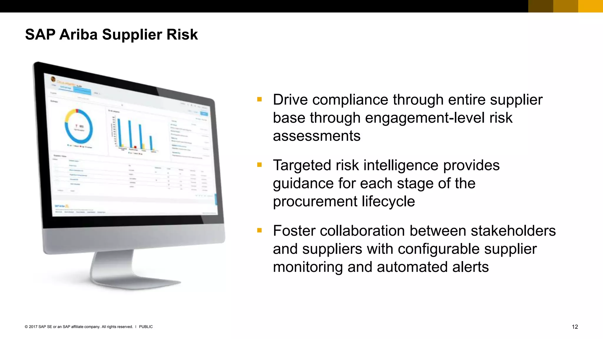 12PUBLIC© 2017 SAP SE or an SAP affiliate company. All rights reserved. ǀ
SAP Ariba Supplier Risk
 Drive compliance through entire supplier
base through engagement-level risk
assessments
 Targeted risk intelligence provides
guidance for each stage of the
procurement lifecycle
 Foster collaboration between stakeholders
and suppliers with configurable supplier
monitoring and automated alerts
 