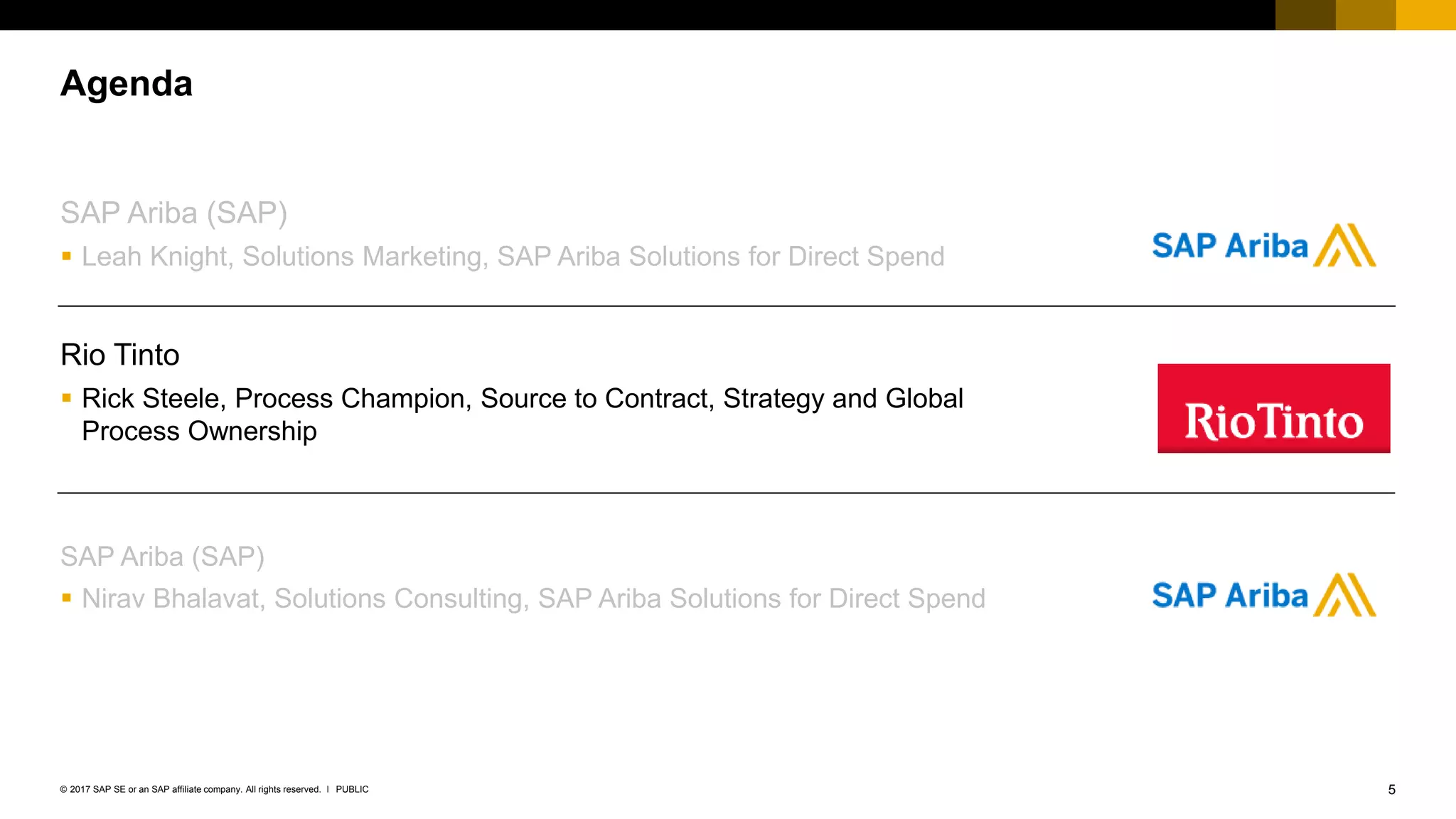 5PUBLIC© 2017 SAP SE or an SAP affiliate company. All rights reserved. ǀ
SAP Ariba (SAP)
 Leah Knight, Solutions Marketing, SAP Ariba Solutions for Direct Spend
Rio Tinto
 Rick Steele, Process Champion, Source to Contract, Strategy and Global
Process Ownership
SAP Ariba (SAP)
 Nirav Bhalavat, Solutions Consulting, SAP Ariba Solutions for Direct Spend
Agenda
 