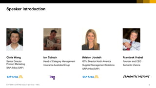 3PUBLIC© 2017 SAP SE or an SAP affiliate company. All rights reserved. ǀ
Speaker introduction
Chris Wang
Senior Director
Product Marketing
SAP Ariba (SAP)
Kristen Jordeth
GTM Director North America
Supplier Management Solutions
SAP Ariba (SAP)
Ian Tulloch
Head of Category Management
Insurance Australia Group
Frantisek Vrabel
Founder and CEO
Semantic Visions
 