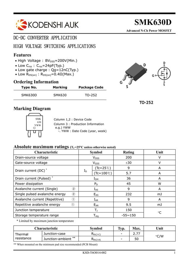 Original N-Channel Mosfet SMK630 SMK630D 9A 200V SOT-252 New KODENSHI | PDF