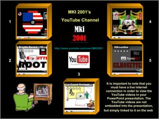 http://www.youtube.com/user/MKI2001 It is important to note that you must have a live internet connection in order to view the YouTube videos in your PowerPoint presentation. The YouTube videos are not embedded into the presentation, but simply linked to it on the web   FRANK SINATRA (1) * BRIGITTE BARDOT (2) * ASTERIX (3) * THE BEATLES (4) *  SILHOUETTES  (5) 1 2 3 4 5 MKI 2001’s YouTube Channel 