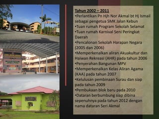 Tahun 2002 – 2011
•Perlantikan Pn Hjh Nor Akmal bt Hj Ismail
sebagai pengetua SMK Jalan Kebun
•Tuan rumah Program Sekolah Selamat
•Tuan rumah Karnival Seni Peringkat
Daerah
•Pencalonan Sekolah Harapan Negara
(2005 dan 2006)
•Memperkenalkan aliran Akuakultur dan
Haiwan Rekreasi (AHR) pada tahun 2006
•Penyerahan Bangunan MPV
•Memperkenalkan Kelas Aliran Agama
(KAA) pada tahun 2007
•Kelulusan pembinaan Surau dan siap
pada tahun 2009
•Pembukaan blok baru pada 2010
•Dataran berbumbung siap dibina
sepenuhnya pada tahun 2012 dengan
nama dataran Seri Akmal
 
