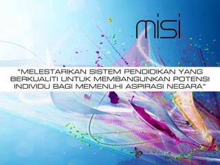misi
“MELESTARIKAN SISTEM PENDIDIKAN YANG
BERKUALITI UNTUK MEMBANGUNKAN POTENSI
INDIVIDU BAGI MEMENUHI ASPIRASI NEGARA”
 