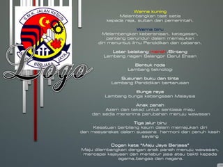 Warna kuning
Melambangkan taat setia
kepada raja, sultan dan pemerintah.
Warna biru
Melambangkan keberaniaan, ketegasan,
pantang berundur dalam memajukan
diri menuntut ilmu Pendidikan dan cabaran.
Latar belakang merah /Bintang
Lambang negeri Selangor Darul Ehsan
Bentuk roda
Lambang teknologi
Susunan buku dan tinta
Lambang Pendidikan berterusan
Bunga raya
Lambang bunga kebangsaan Malaysia
Anak panah
Azam dan tekad untuk sentiasa maju
dan sedia menerima perubahan menuju wawasan
Tiga jalur biru
Kesatuan berbilang kaum dalam memajukan diri
dan masyarakat dalam suasana harmoni dan penuh kasih
sayang
Cogan kata “Maju Jaya Berjasa”
Maju dilambangkan dengan anak panah menuju wawasan,
mencapai kejayaan dan menabur jasa atau bakti kepada
agama,bangsa dan negara.
 