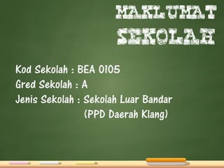 MAKLUMAT
SEKOLAH
Kod Sekolah : BEA 0105
Gred Sekolah : A
Jenis Sekolah : Sekolah Luar Bandar
(PPD Daerah Klang)
 
