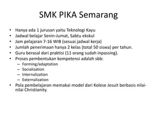SMK PIKA Semarang
• Hanya ada 1 jurusan yaitu Teknologi Kayu
• Jadwal belajar Senin-Jumat, Sabtu ekskul
• Jam pelajaran 7-16 WIB (sesuai jadwal kerja)
• Jumlah penerimaan hanya 2 kelas (total 50 siswa) per tahun.
• Guru berasal dari praktisi (11 orang sudah inpassing).
• Proses pembentukan kompetensi adalah sbb:
– Forming/adaptation
– Socialization
– Internalization
– Externalization
• Pola pembelajaran memakai model dari Kolese Jesuit berbasis nilai-
nilai Christianity.
 