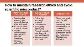 How to maintain research ethics and avoid
scientific misconduct?
Before conduct
of research
• Develop clear
research plan
(who will do what
when and how)
• Submit protocol
to ethical review
• Prepare
(communicate)
well with your
research
community
• Agree on
authorship
During conduct
of research
• Follow the
approved
protocol
• Gain consent
• Involve the
community
• Protect yourself,
your team, &
your participants
• Regularly check
your data
After research
• Share your study
report(s) with
• Return
‘something’ back
to the researched
community
• Publish following
publication ethics
• Use Reference
Management
Software
 