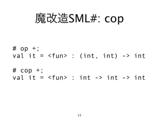 魔改造SML#: cop

# op +;
val it = <fun> : (int, int) -> int

# cop +;
val it = <fun> : int -> int -> int




                13
 