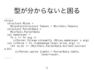 型が分からないと困る
.....
struct
  structure MLLex =
    MLLexFun(structure Tokens = MLLrVals.Tokens)
  structure ParserData =
    MLLrVals.ParserData
  val makeLexer =
    fn s => fn arg =>
       LrParser.Stream.streamify (MLLex.makeLexer s arg)
  val LrParse = fn (lookahead,lexer,error,arg) =>
    (fn (a,b) => (MLLrVals.ParserData.Actions.extract
a,b))
        (LrParser.parse {table = ParserData.table,
                         lexer=lexer,
.....



                           21
 