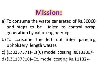 Mission:
a) To consume the waste generated of Rs.30060
and steps to be taken to control scrap
generation by value engineering .
b) To consume the left out inter paneling
upholstery length wastes
c) (LZ0257571)–LT(C) model costing Rs.13200/-
d) (LZ1157510)–Ex. model costing Rs.11132/-
 