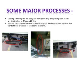 • Docking – Moving the bus body out from paint shop and placing it on chassis
• Moving the bus to ZT assembly line
• Welding the body with chassis at two rectangular beams of chassis and also, the
front of body is welded to the beams as shown.
 