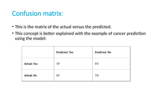 Confusion matrix:
• This is the matrix of the actual versus the predicted.
• This concept is better explained with the example of cancer prediction
using the model:
 