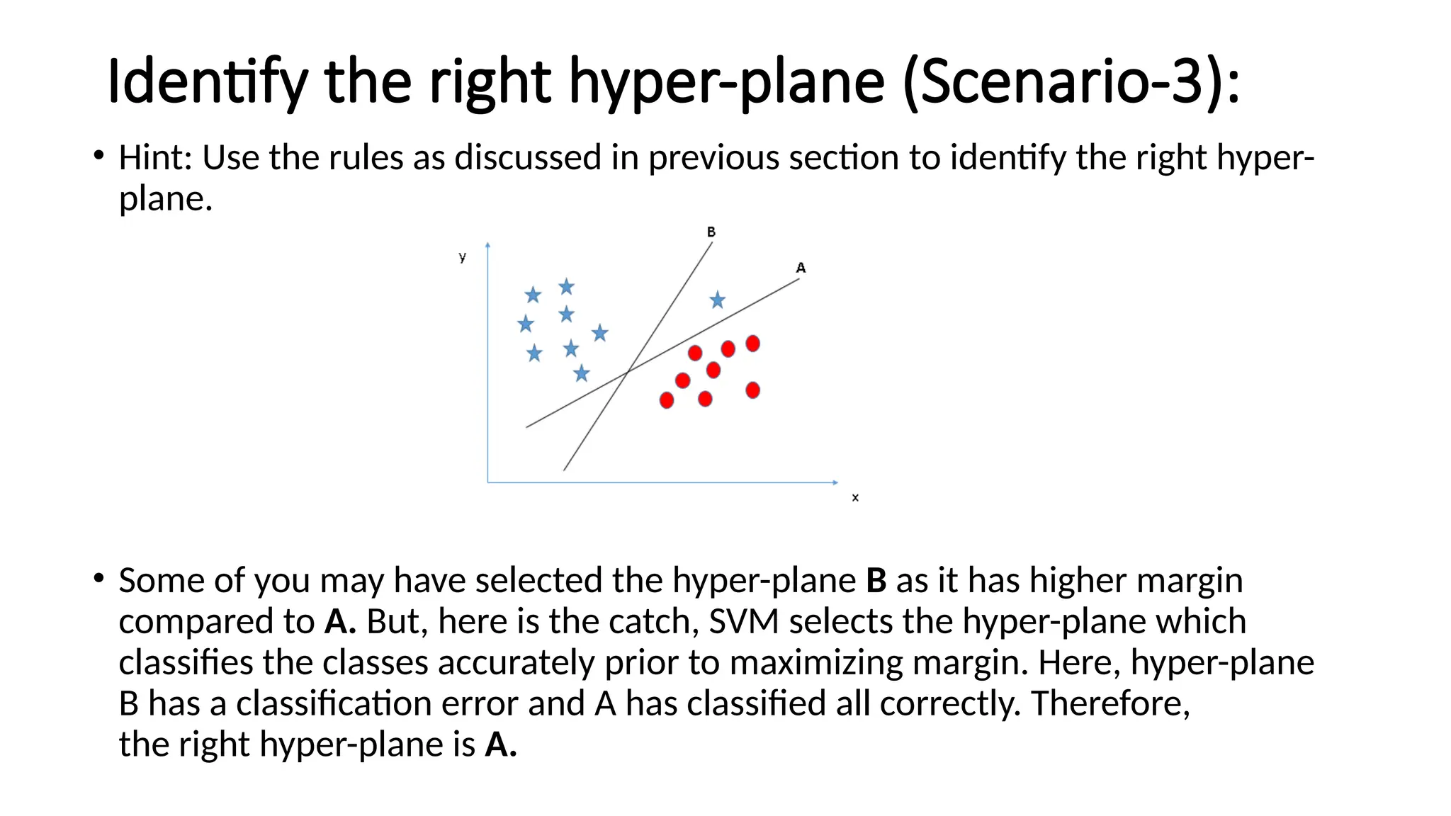 Identify the right hyper-plane (Scenario-3):
• Hint: Use the rules as discussed in previous section to identify the right hyper-
plane.
• Some of you may have selected the hyper-plane B as it has higher margin
compared to A. But, here is the catch, SVM selects the hyper-plane which
classifies the classes accurately prior to maximizing margin. Here, hyper-plane
B has a classification error and A has classified all correctly. Therefore,
the right hyper-plane is A.
 