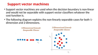 Support vector machines
• Support vector machines are used when the decision boundary is non-linear
and would not be separable with support vector classifiers whatever the
cost function is.
• The following diagram explains the non-linearly separable cases for both 1-
dimension and 2-dimensions.
 