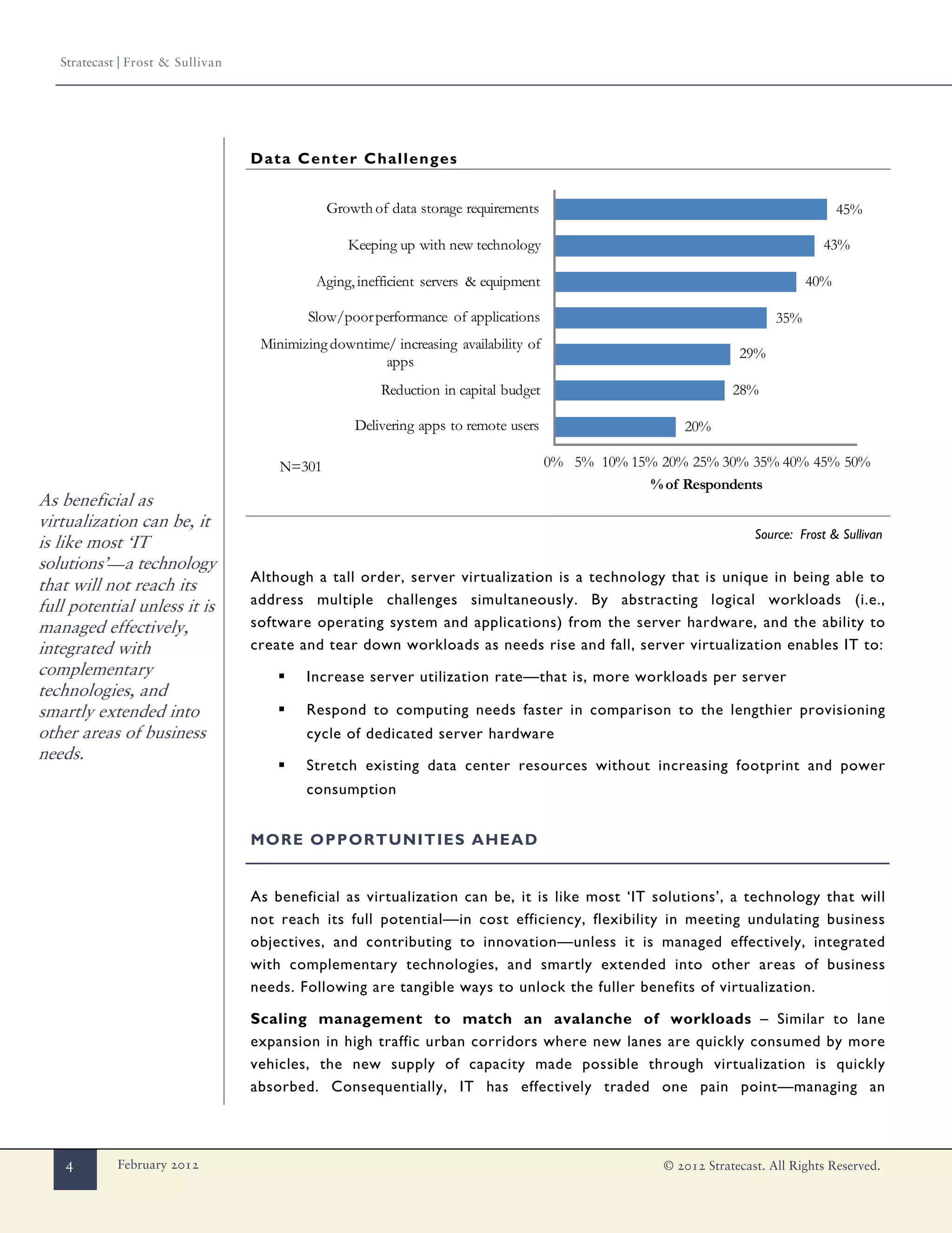 Stratecast | Frost & Sullivan




                                   Data Center Challenges


                                               Growth of data storage requirements                                                   45%

                                                  Keeping up with new technology                                                 43%

                                             Aging, inefficient servers & equipment                                            40%

                                            Slow/poor performance of applications                                        35%
                                    Minimizing downtime/ increasing availability of
                                                                                                                  29%
                                                       apps
                                                        Reduction in capital budget                              28%

                                                   Delivering apps to remote users                      20%

                                       N=301                                          0% 5% 10% 15% 20% 25% 30% 35% 40% 45% 50%
                                                                                                  % of Respondents
As beneficial as
virtualization can be, it
                                                                                                                     Source: Frost & Sullivan
is like most ‘IT
solutions’—a technology
                                   Although a tall order, server virtualization is a technology that is unique in being able to
that will not reach its
full potential unless it is        address multiple challenges simultaneously. By abstracting logical workloads (i.e.,
managed effectively,               software operating system and applications) from the server hardware, and the ability to
integrated with                    create and tear down workloads as needs rise and fall, server virtualization enables IT to:
complementary                          ▪   Increase server utilization rate—that is, more workloads per server
technologies, and
smartly extended into                  ▪   Respond to computing needs faster in comparison to the lengthier provisioning
other areas of business                    cycle of dedicated server hardware
needs.
                                       ▪   Stretch existing data center resources without increasing footprint and power
                                           consumption


                                   MORE OPPORTUNITIES AHEAD


                                   As beneficial as virtualization can be, it is like most ‘IT solutions’, a technology that will
                                   not reach its full potential—in cost efficiency, flexibility in meeting undulating business
                                   objectives, and contributing to innovation—unless it is managed effectively, integrated
                                   with complementary technologies, and smartly extended into other areas of business
                                   needs. Following are tangible ways to unlock the fuller benefits of virtualization.

                                   Scaling management to match an avalanche of workloads – Similar to lane
                                   expansion in high traffic urban corridors where new lanes are quickly consumed by more
                                   vehicles, the new supply of capacity made possible through virtualization is quickly
                                   absorbed. Consequentially, IT has effectively traded one pain point—managing an



    4        February 2012                                                                           © 2012 Stratecast. All Rights Reserved.
 