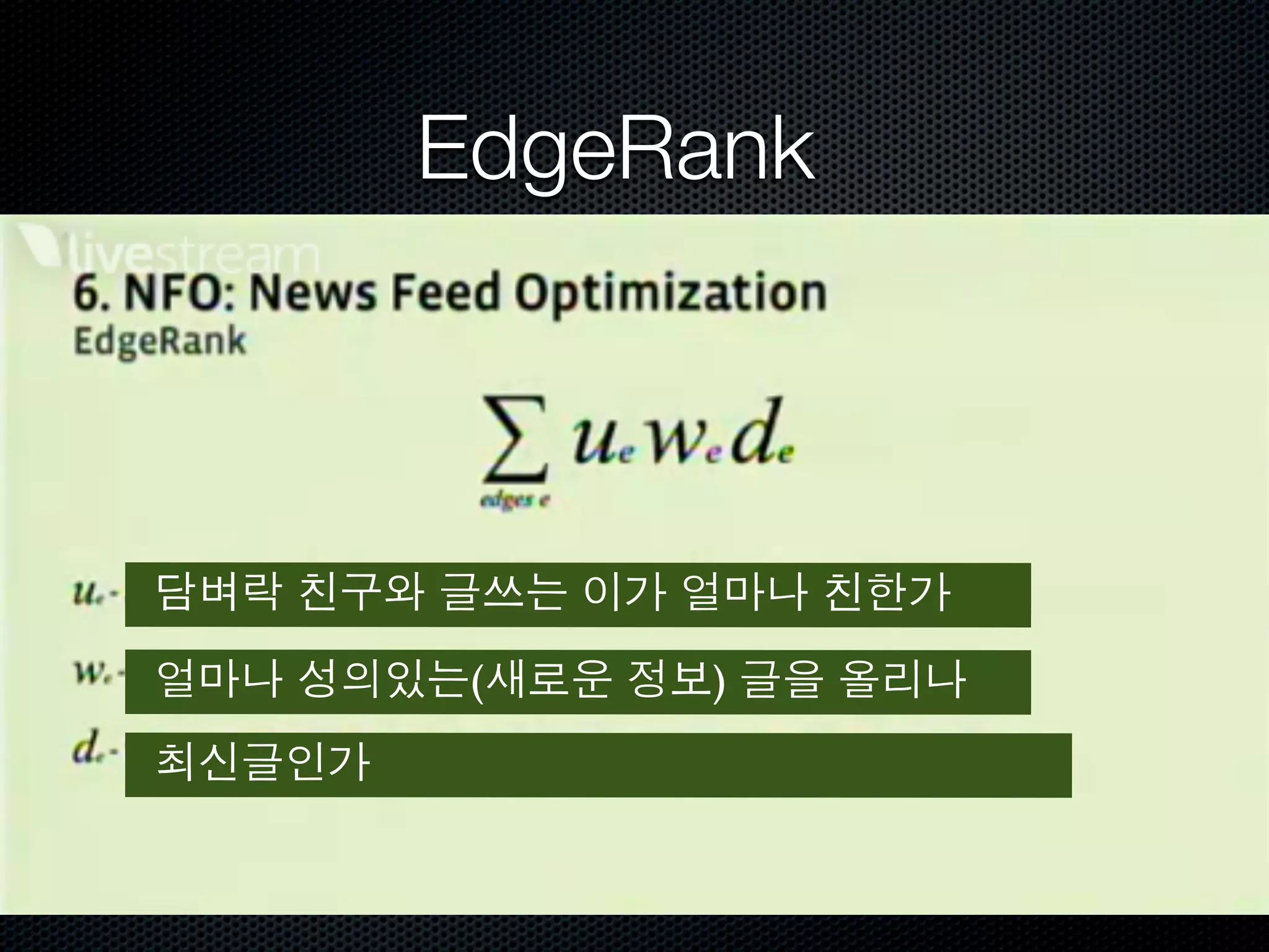 EdgeRank



담벼락 친구와 글쓰는 이가 얼마나 친한가

얼마나 성의있는(새로운 정보) 글을 올리나
최신글인가
 