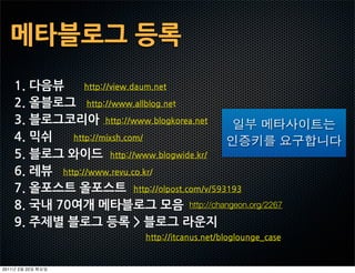 메타블로그등록
       1.다음뷰http://view.daum.net
       2.올블로그http://www.allblog.net
       3.블로그코리아http://www.blogkorea.net
       4.믹쉬http://mixsh.com/
       5.블로그와이드http://www.blogwide.kr/
       6.레뷰http://www.revu.co.kr/
       7.올포스트올포스트http://olpost.com/v/593193
       8.국내70여개메타블로그모음 http://changeon.org/2267
       9.주제별블로그등록블로그라운지
                                                http://itcanus.net/bloglounge_case


2011    2   22
 
