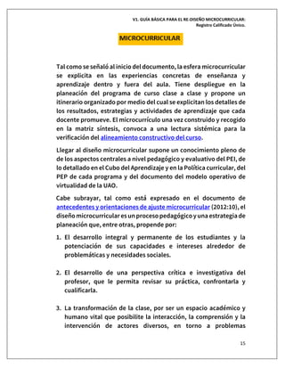 V1. GUÍA BÁSICA PARA EL RE-DISEÑO MICROCURRICULAR:
Registro Calificado Único.
15
Tal como se señaló al inicio del documento, la esfera microcurricular
se explicita en las experiencias concretas de enseñanza y
aprendizaje dentro y fuera del aula. Tiene despliegue en la
planeación del programa de curso clase a clase y propone un
itinerario organizado por medio del cual se explicitan los detalles de
los resultados, estrategias y actividades de aprendizaje que cada
docente promueve. El microcurrículo una vez construido y recogido
en la matriz síntesis, convoca a una lectura sistémica para la
verificación del alineamiento constructivo del curso.
Llegar al diseño microcurricular supone un conocimiento pleno de
de los aspectos centrales a nivel pedagógico y evaluativo del PEI, de
lo detallado en el Cubo del Aprendizaje y en la Política curricular, del
PEP de cada programa y del documento del modelo operativo de
virtualidad de la UAO.
Cabe subrayar, tal como está expresado en el documento de
antecedentes y orientaciones de ajuste microcurricular (2012:10), el
diseñomicrocurricularesunproceso pedagógicoyunaestrategiade
planeación que, entre otras, propende por:
1. El desarrollo integral y permanente de los estudiantes y la
potenciación de sus capacidades e intereses alrededor de
problemáticas y necesidades sociales.
2. El desarrollo de una perspectiva crítica e investigativa del
profesor, que le permita revisar su práctica, confrontarla y
cualificarla.
3. La transformación de la clase, por ser un espacio académico y
humano vital que posibilite la interacción, la comprensión y la
intervención de actores diversos, en torno a problemas
 