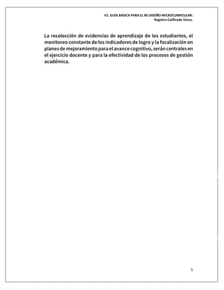 V1. GUÍA BÁSICA PARA EL RE-DISEÑO MICROCURRICULAR:
Registro Calificado Único.
5
La recolección de evidencias de aprendizaje de los estudiantes, el
monitoreo constante de los indicadores de logro y la focalización en
planesde mejoramiento para el avancecognitivo, serán centralesen
el ejercicio docente y para la efectividad de los procesos de gestión
académica.
SERVICES SERVCES SERVICES
SERVICES
SERVICES
SERVICES
 