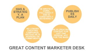 GREAT CONTENT MARKETER DESK
HAS A
STRATEG
Y, A
PLAN
HE WROTE IT
DOWN,
FOLLOWED IT
AND IS
CONSTANTLY
REVIEWING IT
PUBLISH
ES
DAILY
NO LONGER
CREATING
CAMPAINGS,
INSTEAD HE IS
WORKING ON
COMMITMENTS
HE IS CREATING
CONTENT FOR
JUST ONE
PERSON, NOT
FOR THE MASS
 