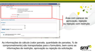Área com parecer da
                                                          aprovação, rejeição
                                                        ou rejeição com restrição




As informações do cálculo (valor parcela, quantidade de parcelas, % de
 comprometimento) são transportadas para o formulário, bem como as
     informações de restrição, aprovação ou rejeição da solicitação
 