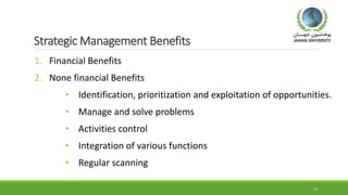 Strategic Management Benefits
1. Financial Benefits
2. None financial Benefits
• Identification, prioritization and exploitation of opportunities.
• Manage and solve problems
• Activities control
• Integration of various functions
• Regular scanning
19
 