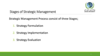 Stages of Strategic Management
Strategic Management Process consist of three Stages;
1. Strategy Formulation
2. Strategy Implementation
3. Strategy Evaluation
7
 