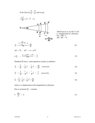 r  u
z 
28/09/2006 2 SM lecture 21
In the limit sin

2

2
= and we get
r
dr
dr
+r  = 0
du
dr
r
du
dr
r =
u +
= (2)
AB = r , A'B' = (r + u)
=  =
(r + u)  r
r
u
r
(3)
Standard 3D stress - strain equations in polar co-ordinates:
 =r
 =
-
-
r
E

E

E

E

E

E
du
dr
u
r
 -
z -
z =
r =
( from (2))
( from (3))
(4)
(5)
-
dw
dzE E
 =

E
r - =z
(6)
where w is displacement in the longitudinal (z) direction
Due to symmetry z = constant

dz
dr
= 0 (7)
ABCD moves to A B C D
u = displacement in r direction
OA = OB = r
AD = BC = r
 