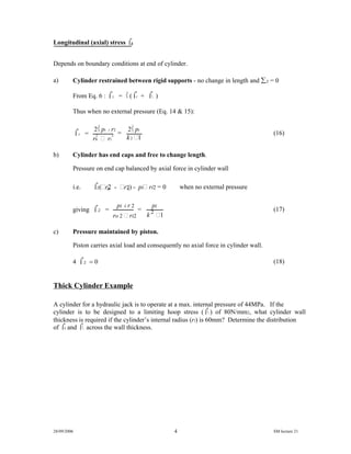 r0  ri
k 1
28/09/2006 4 SM lecture 21
Longitudinal (axial) stress z
Depends on boundary conditions at end of cylinder.
a) Cylinder restrained between rigid supports - no change in length and z = 0
From Eq. 6 : z = (r +  )
Thus when no external pressure (Eq. 14 & 15):
z = =
2pi i r2
2 2
2pi
k2 1
(16)
b) Cylinder has end caps and free to change length.
Pressure on end cap balanced by axial force in cylinder wall
i.e. o iz(r2 - r2) - pi ri2 = 0 when no external pressure
giving z = =
pi
2
pi i r 2
ro 2  ri2
(17)
c) Pressure maintained by piston.
Piston carries axial load and consequently no axial force in cylinder wall.
 z = 0 (18)
Thick Cylinder Example
A cylinder for a hydraulic jack is to operate at a max. internal pressure of 44MPa. If the
cylinder is to be designed to a limiting hoop stress ( ) of 80N/mm2, what cylinder wall
thickness is required if the cylinder’s internal radius (ri) is 60mm? Determine the distribution
of r and  across the wall thickness.
 
