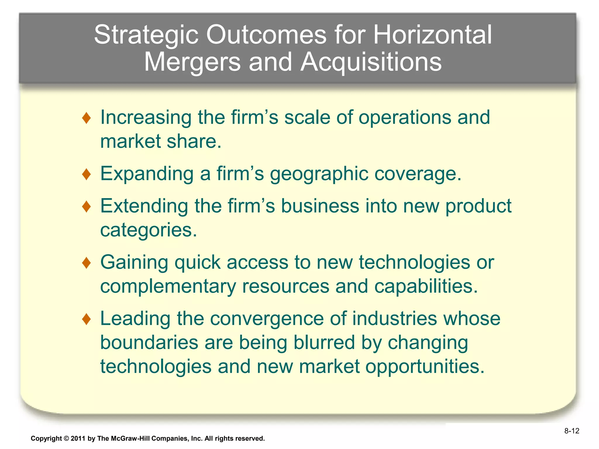 Strategic Outcomes for Horizontal
                       Mergers and Acquisitions
               ♦ Increasing the firm‟s scale of operations and
                 market share.
               ♦ Expanding a firm‟s geographic coverage.
               ♦ Extending the firm‟s business into new product
                 categories.
               ♦ Gaining quick access to new technologies or
                 complementary resources and capabilities.
               ♦ Leading the convergence of industries whose
                 boundaries are being blurred by changing
                 technologies and new market opportunities.


                                                                            8-12
Copyright © 2011 by The McGraw-Hill Companies, Inc. All rights reserved.   6–12
 
