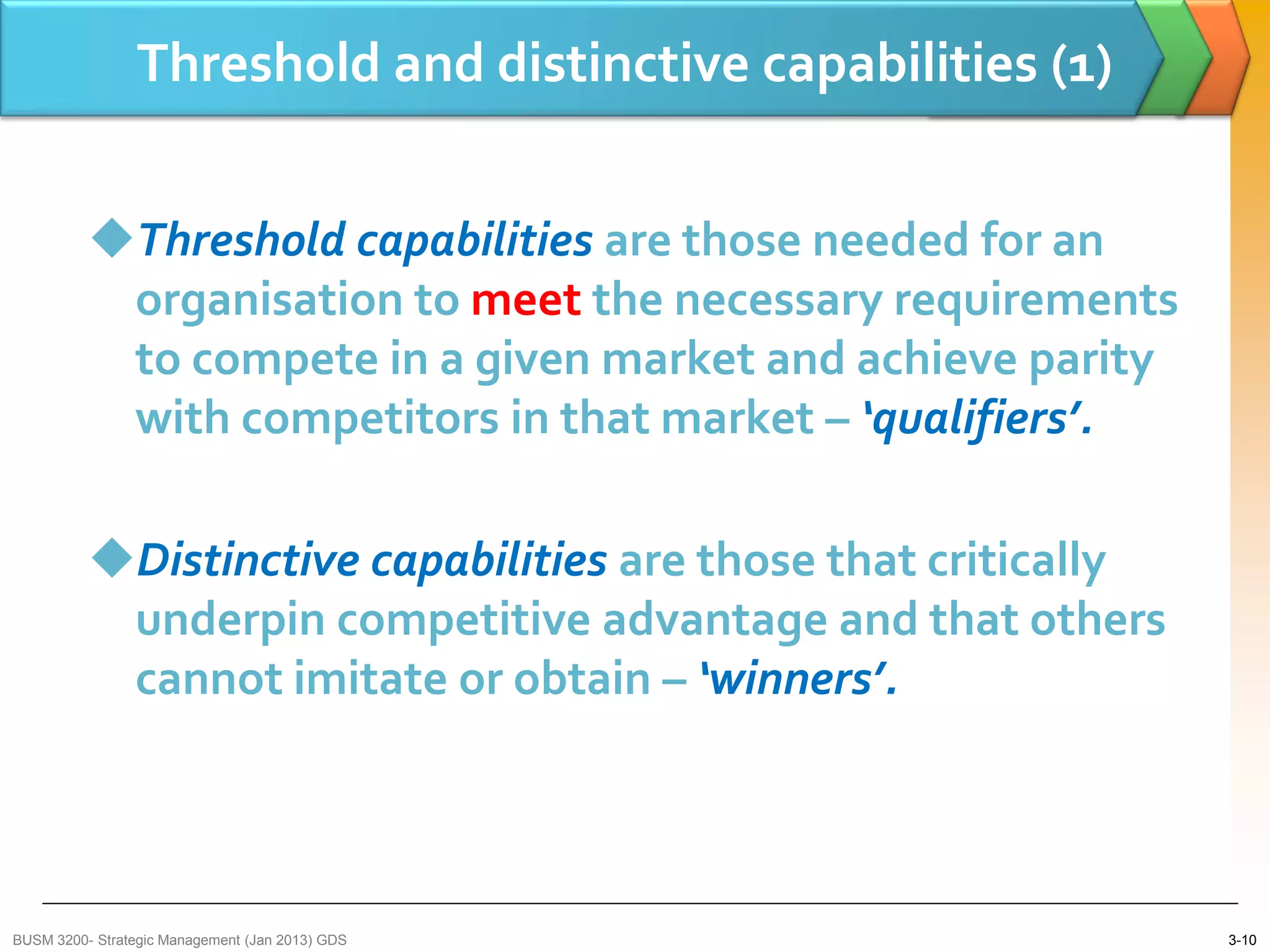 Threshold and distinctive capabilities (1)


          Threshold capabilities are those needed for an
           organisation to meet the necessary requirements
           to compete in a given market and achieve parity
           with competitors in that market – ‘qualifiers’.

          Distinctive capabilities are those that critically
           underpin competitive advantage and that others
           cannot imitate or obtain – ‘winners’.




BUSM 3200- Strategic Management (Jan 2013) GDS                  3-10
 