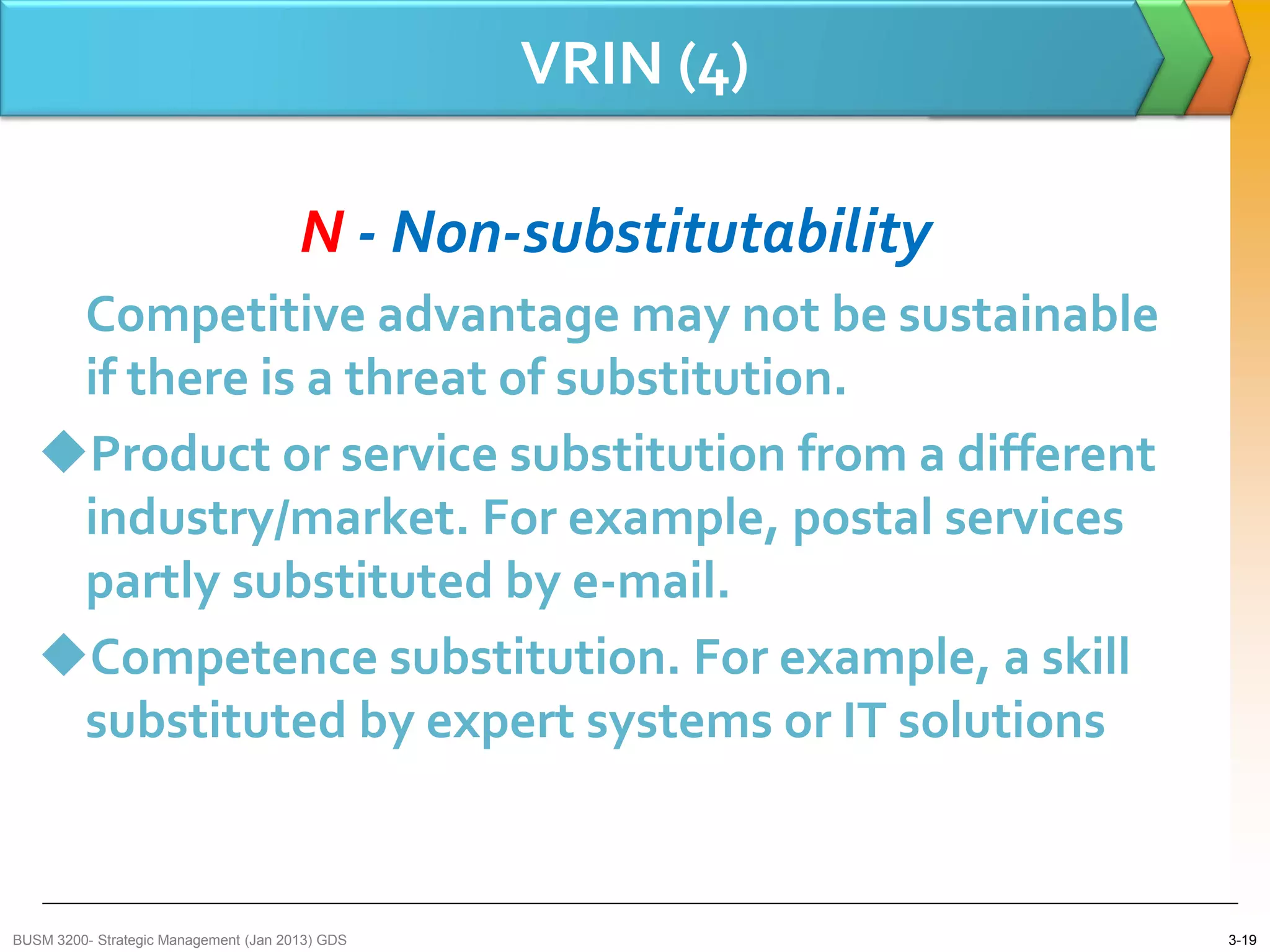 VRIN (4)

                                       N - Non-substitutability
    Competitive advantage may not be sustainable
    if there is a threat of substitution.
   Product or service substitution from a different
    industry/market. For example, postal services
    partly substituted by e-mail.
   Competence substitution. For example, a skill
    substituted by expert systems or IT solutions


BUSM 3200- Strategic Management (Jan 2013) GDS                    3-19
 