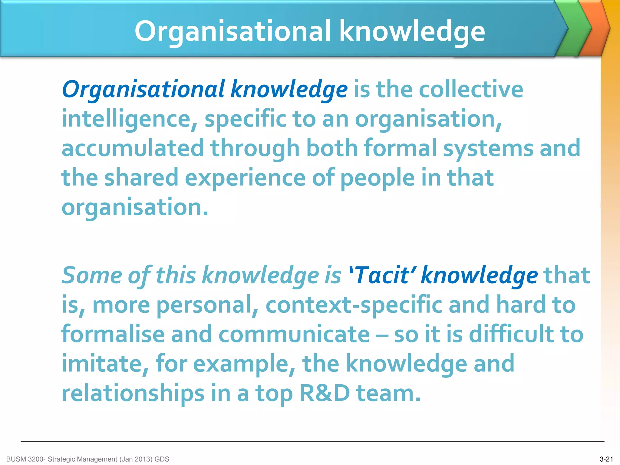 Organisational knowledge
               Organisational knowledge is the collective
               intelligence, specific to an organisation,
               accumulated through both formal systems and
               the shared experience of people in that
               organisation.

               Some of this knowledge is ‘Tacit’ knowledge that
               is, more personal, context-specific and hard to
               formalise and communicate – so it is difficult to
               imitate, for example, the knowledge and
               relationships in a top R&D team.

BUSM 3200- Strategic Management (Jan 2013) GDS                     3-21
 