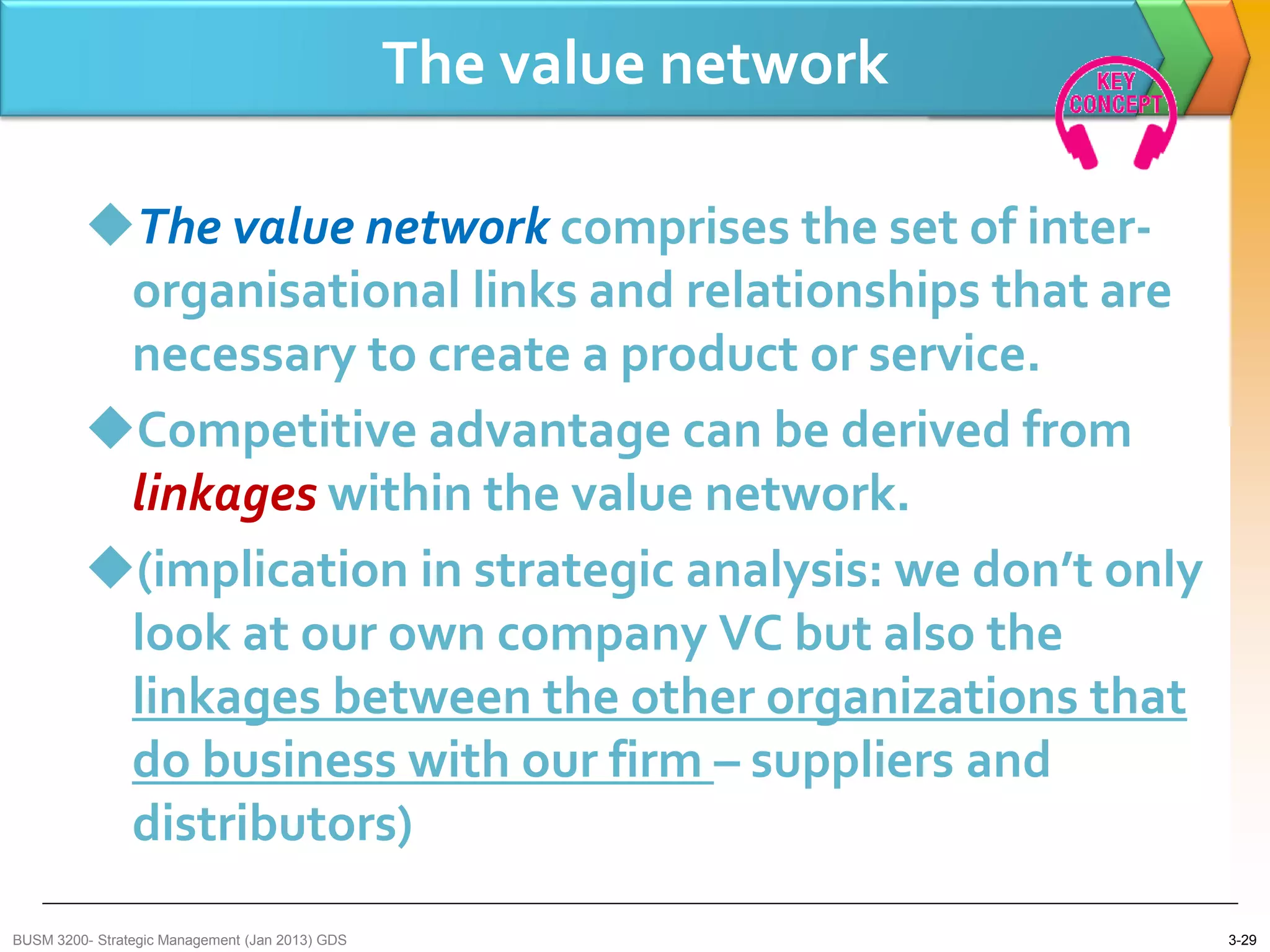 The value network

         The value network comprises the set of inter-
          organisational links and relationships that are
          necessary to create a product or service.
         Competitive advantage can be derived from
          linkages within the value network.
         (implication in strategic analysis: we don’t only
          look at our own company VC but also the
          linkages between the other organizations that
          do business with our firm – suppliers and
          distributors)
BUSM 3200- Strategic Management (Jan 2013) GDS                       3-29
 