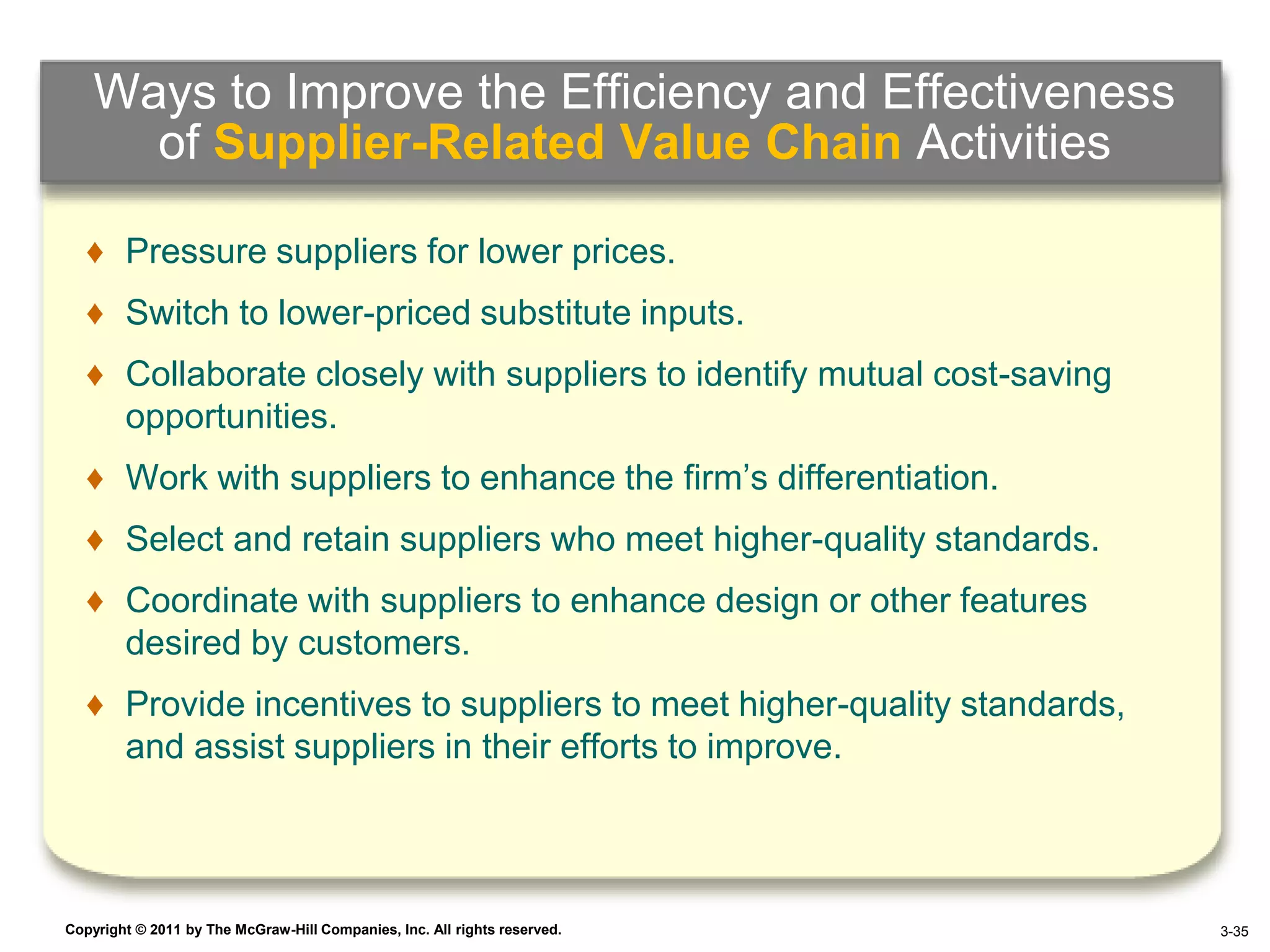 Ways to Improve the Efficiency and Effectiveness
      of Supplier-Related Value Chain Activities

   ♦ Pressure suppliers for lower prices.
   ♦ Switch to lower-priced substitute inputs.
   ♦ Collaborate closely with suppliers to identify mutual cost-saving
     opportunities.
   ♦ Work with suppliers to enhance the firm’s differentiation.
   ♦ Select and retain suppliers who meet higher-quality standards.
   ♦ Coordinate with suppliers to enhance design or other features
     desired by customers.
   ♦ Provide incentives to suppliers to meet higher-quality standards,
     and assist suppliers in their efforts to improve.



Copyright © 2011 by The McGraw-Hill Companies, Inc. All rights reserved.   4–35 3-35
 