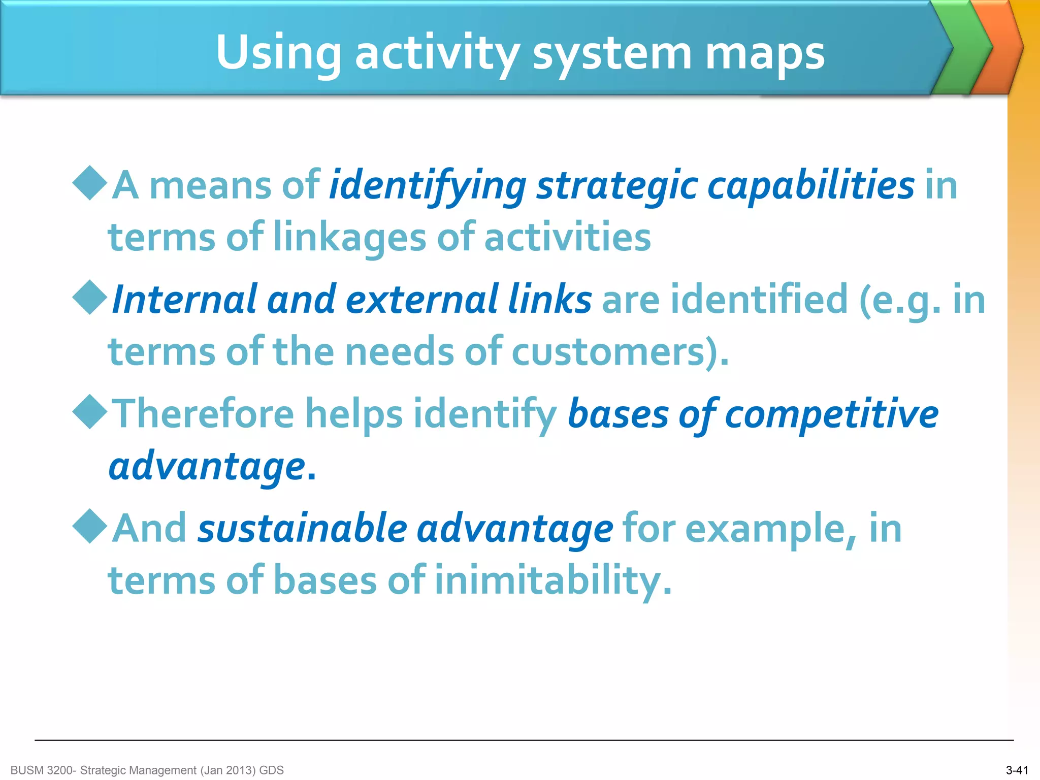 Using activity system maps

         A means of identifying strategic capabilities in
          terms of linkages of activities
         Internal and external links are identified (e.g. in
          terms of the needs of customers).
         Therefore helps identify bases of competitive
          advantage.
         And sustainable advantage for example, in
          terms of bases of inimitability.



BUSM 3200- Strategic Management (Jan 2013) GDS                  3-41
 