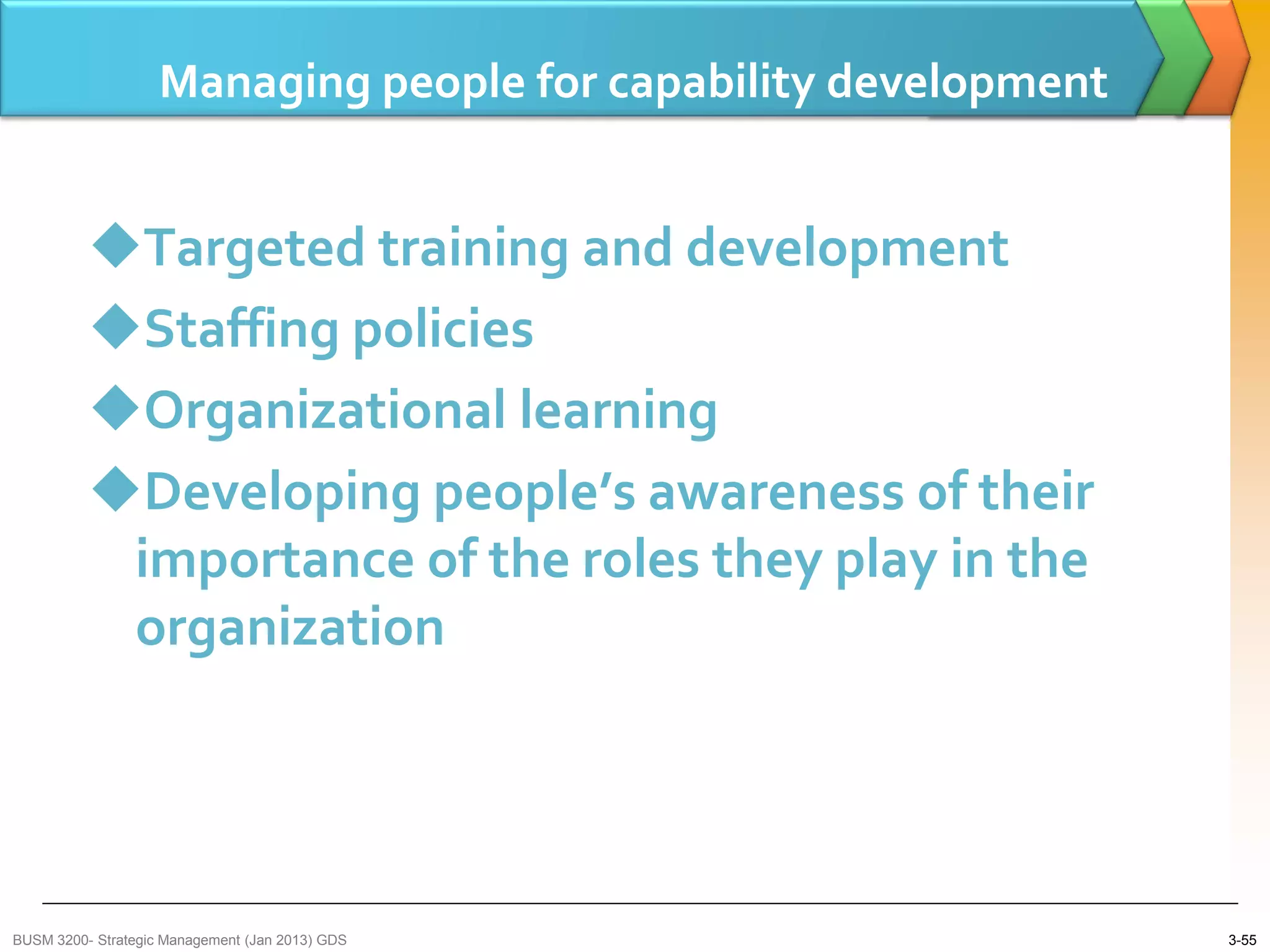 Managing people for capability development


          Targeted training and development
          Staffing policies
          Organizational learning
          Developing people’s awareness of their
           importance of the roles they play in the
           organization




BUSM 3200- Strategic Management (Jan 2013) GDS                   3-55
 