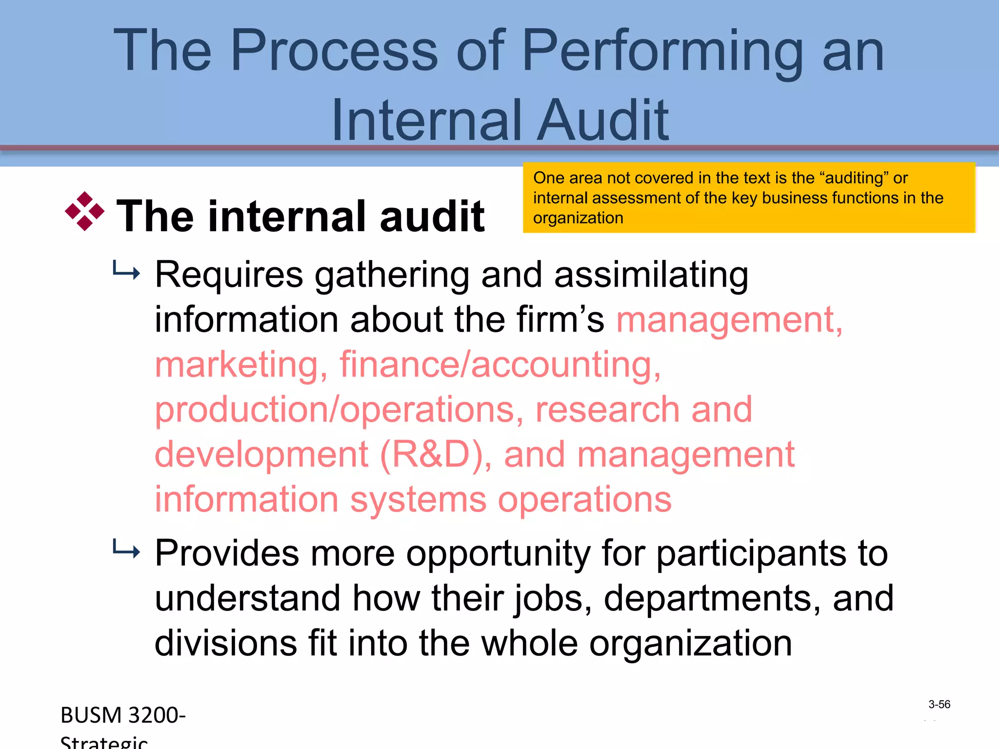 The Process of Performing an
           Internal Audit
                            One area not covered in the text is the “auditing” or

 The internal audit
                            internal assessment of the key business functions in the
                            organization


    Requires gathering and assimilating
     information about the firm’s management,
     marketing, finance/accounting,
     production/operations, research and
     development (R&D), and management
     information systems operations
    Provides more opportunity for participants to
     understand how their jobs, departments, and
     divisions fit into the whole organization
                                                                                 3-56
BUSM 3200-                                                                    4-56
 
