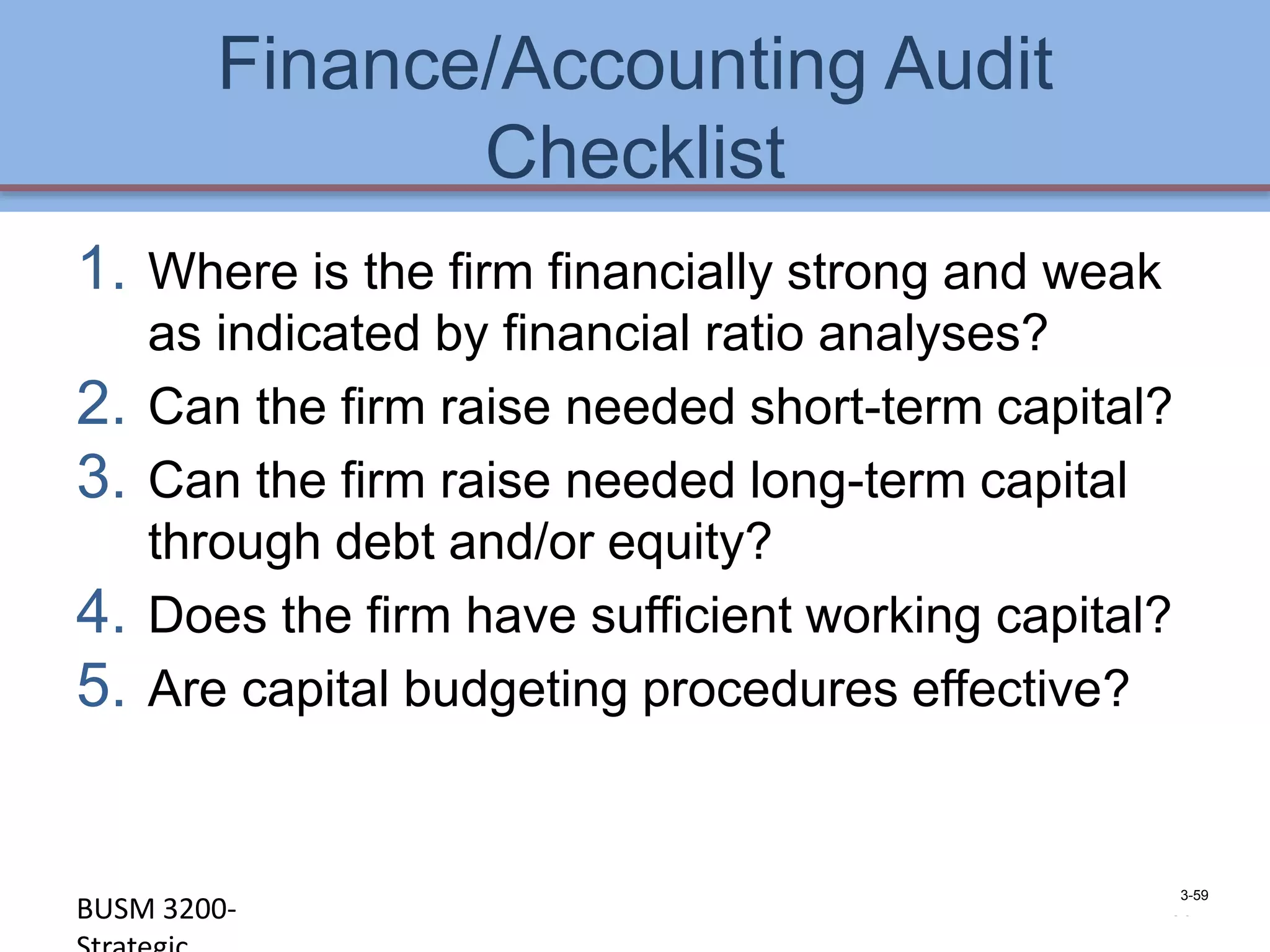 Finance/Accounting Audit
               Checklist
1. Where is the firm financially strong and weak
     as indicated by financial ratio analyses?
2.   Can the firm raise needed short-term capital?
3.   Can the firm raise needed long-term capital
     through debt and/or equity?
4.   Does the firm have sufficient working capital?
5.   Are capital budgeting procedures effective?


                                                      3-59
BUSM 3200-                                        4-59
 