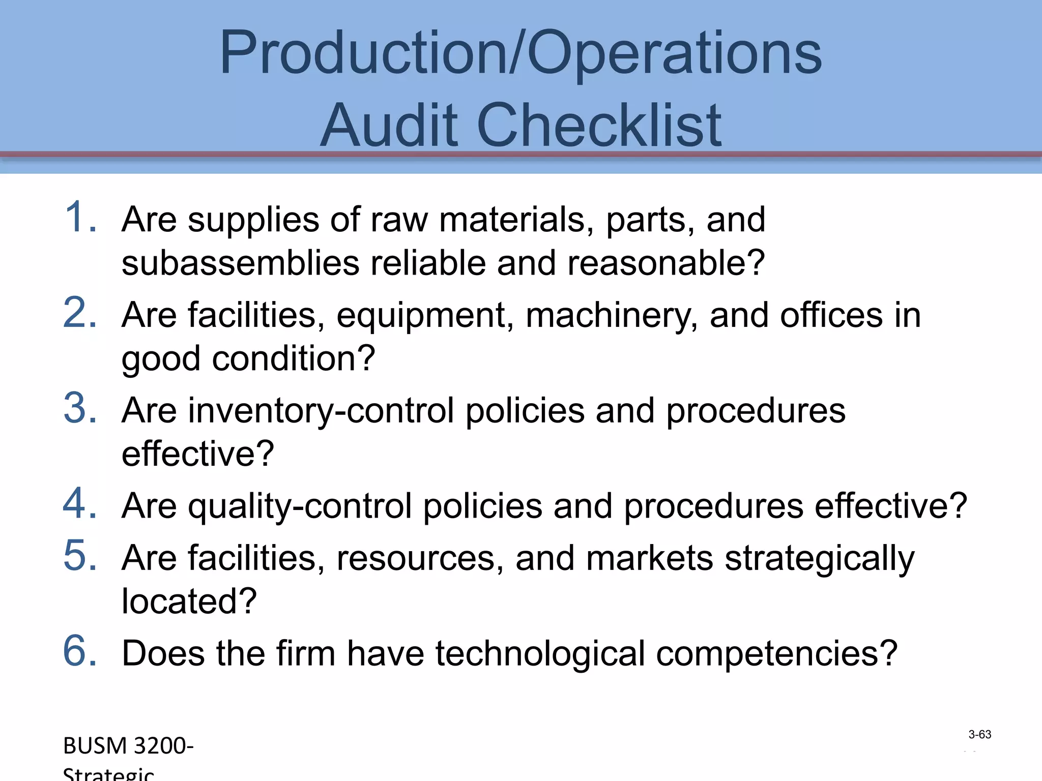 Production/Operations
                Audit Checklist
1. Are supplies of raw materials, parts, and
     subassemblies reliable and reasonable?
2.   Are facilities, equipment, machinery, and offices in
     good condition?
3.   Are inventory-control policies and procedures
     effective?
4.   Are quality-control policies and procedures effective?
5.   Are facilities, resources, and markets strategically
     located?
6.   Does the firm have technological competencies?

                                                           3-63
BUSM 3200-                                               4-63
 